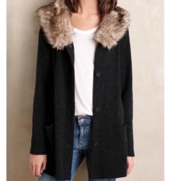Anthropologie Moth Button Down Faux Fur Sweater Tunic Cardigan Gray Small - Picture 9 of 10
